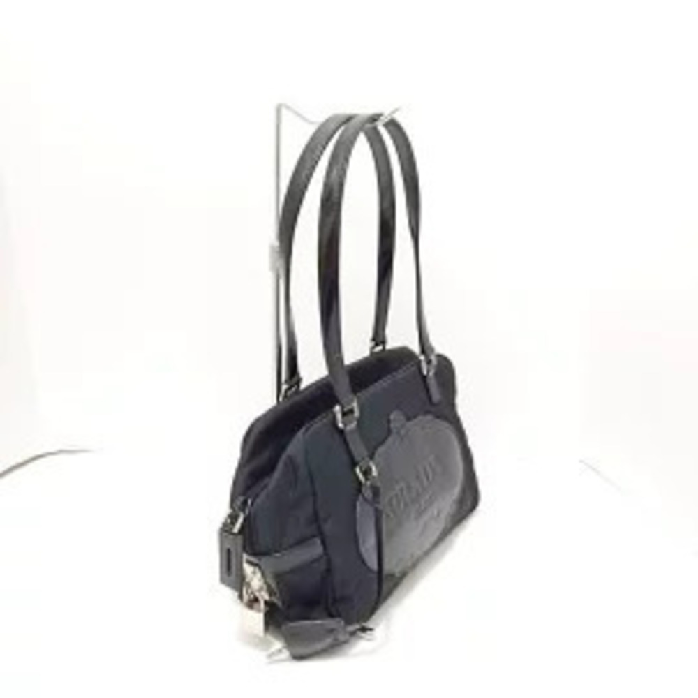 Prada Tessuto shoulder bag embossed logo patch glossy leather Black